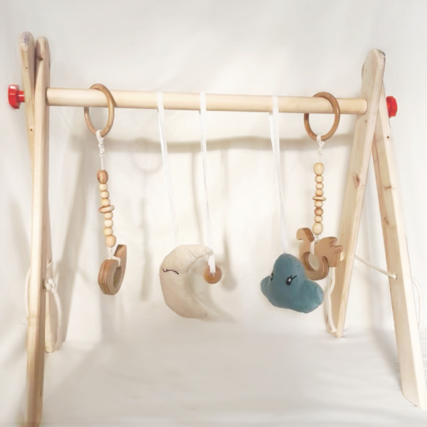 Wooden Baby Play Gym,Foldable Baby Gym with 5 Hanging Sensory Toys